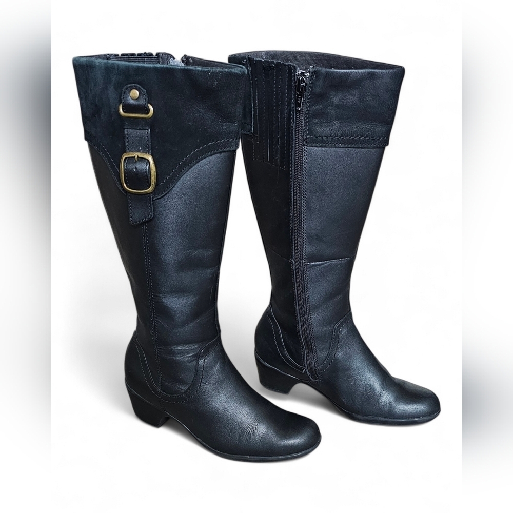 Clarks Women’s Black Leather Knee-High Boots with Buckle Size 6M